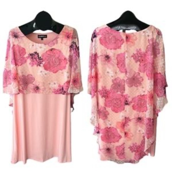 NWT Glamour Night Womens Midi Dress Pink Overlay Cape Floral Short Sleeve Size16 - Picture 1 of 11